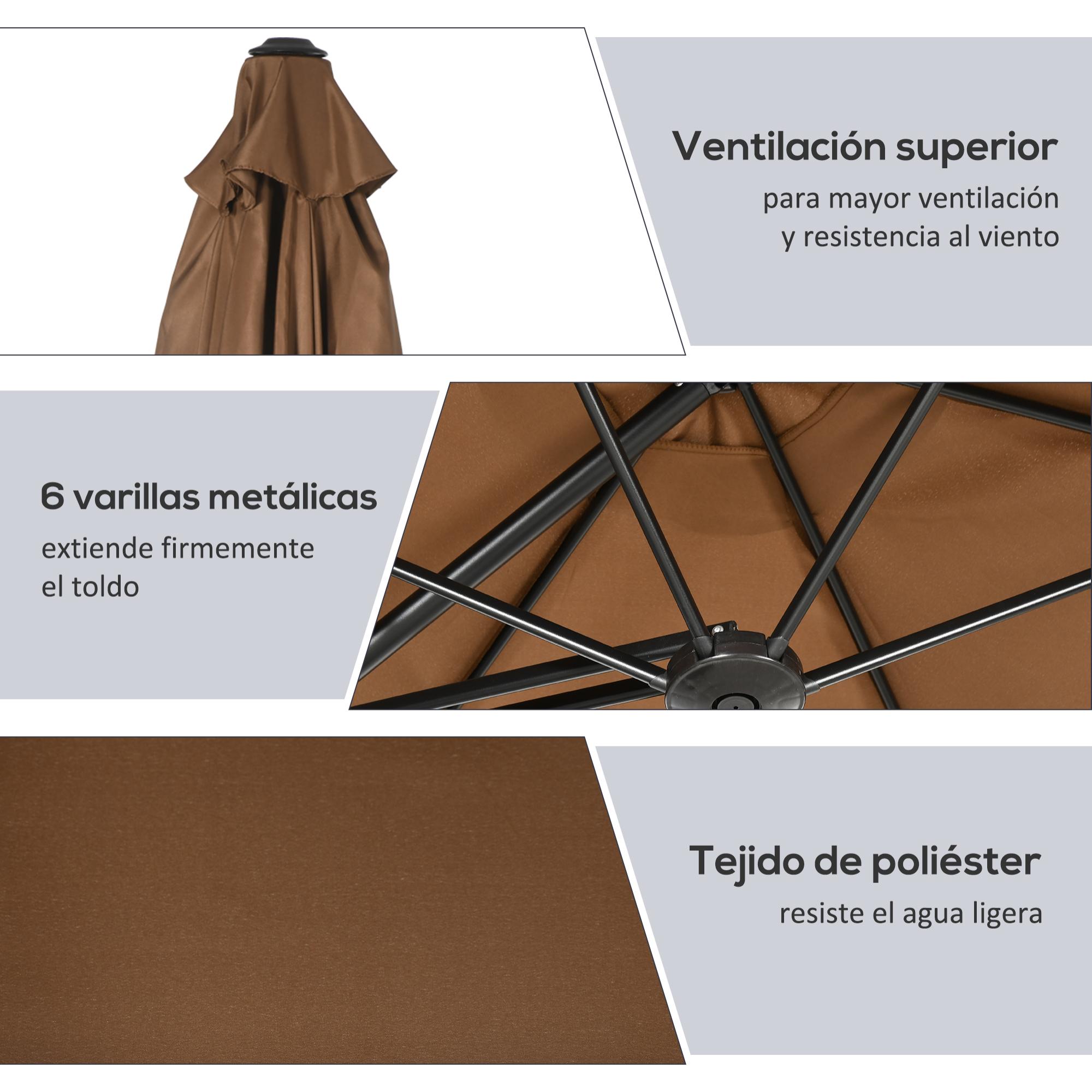 Sombrilla Voladizo de Jardín Ø295x245 cm Parasol Excéntrico Manivela Manual con 6 Varillas de Metal Ventilación y Base Cruzada para Patio Terraza Exterior Marrón