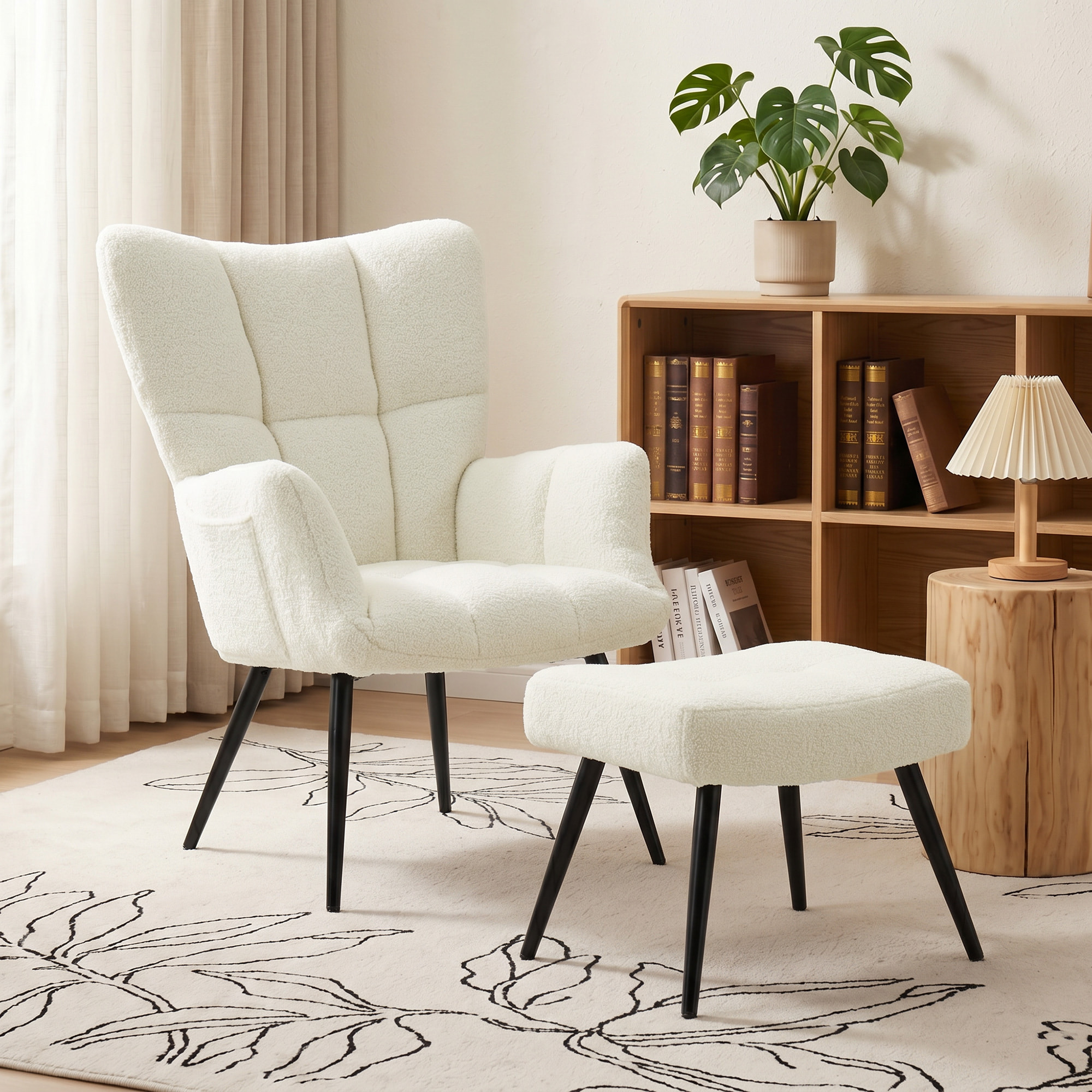 Fauteuil avec repose-pieds design bouclette crème noir