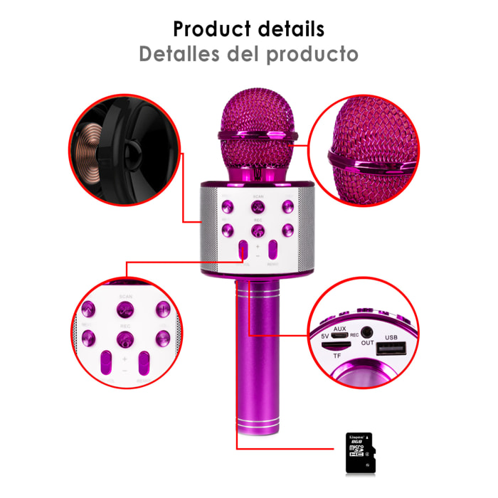 DAM Microfono Karaoke Multifunzione con Altoparlante Incorporato 7,5x7,5x22,3 Cm. Colore fucsia