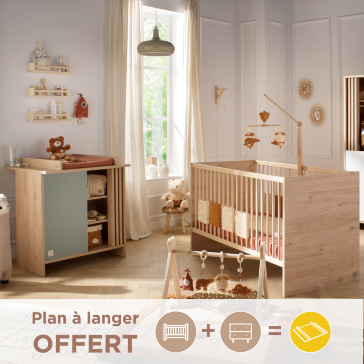 Chambre bébé évolutive Tokyo, Lit 140x70 évolutif et Commode à langer claustra - Chêne suave