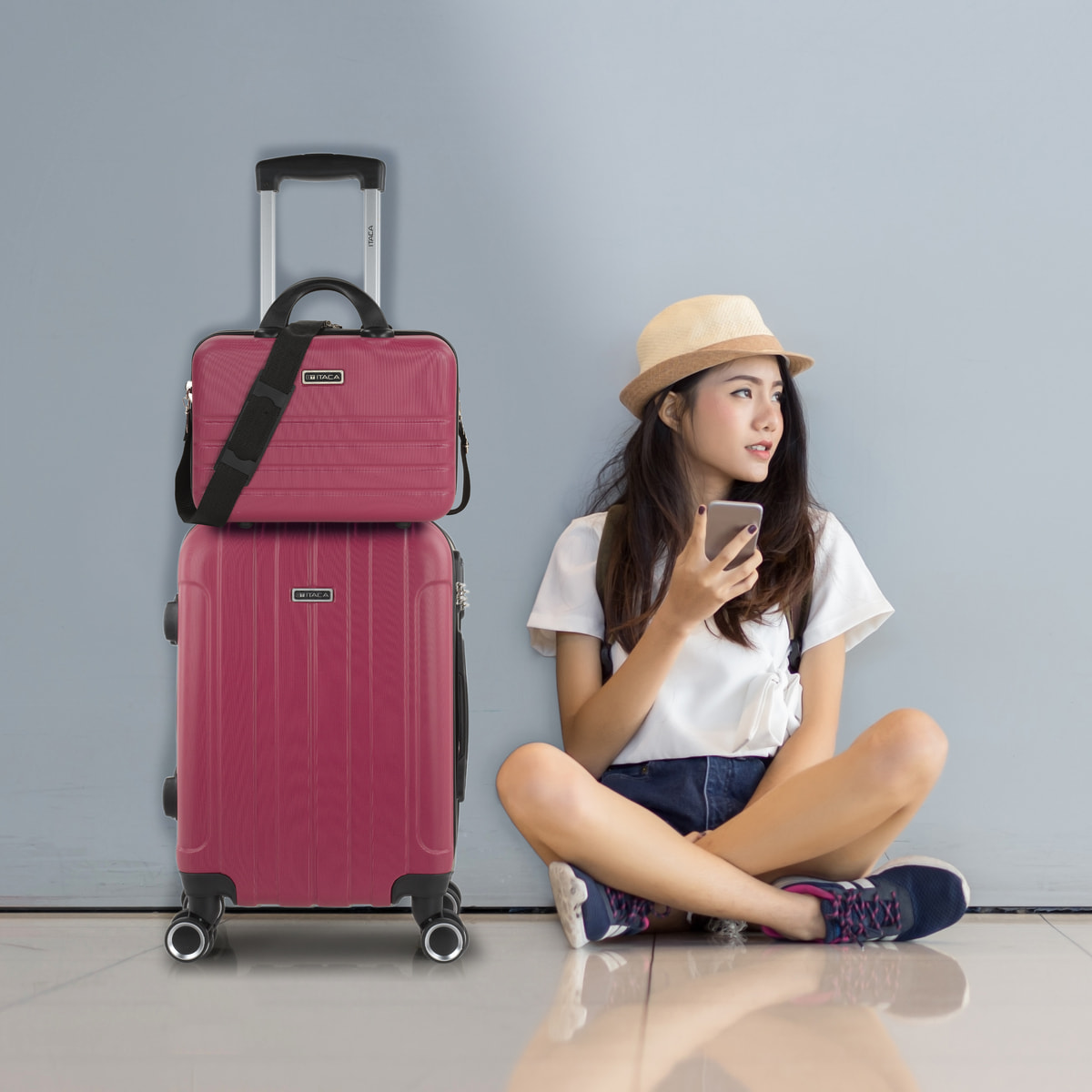 Juego De Trolley Cabina Y Neceser Itaca Havel Fresa