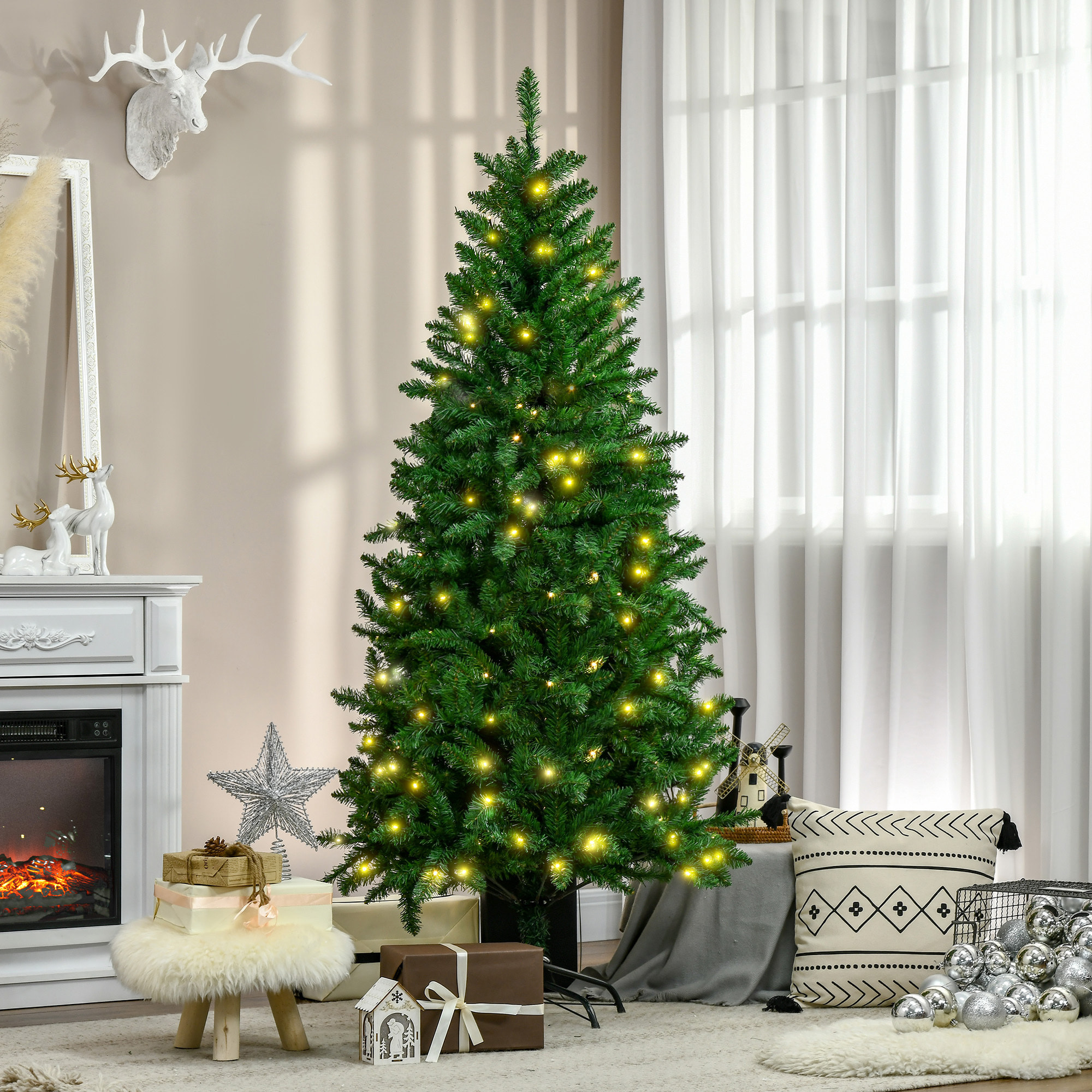 HOMCOM Árbol de Navidad Artificial Altura 180 cm Ignífugo con 714 Ramas 200Luces LED IPX2 8 Modos Hojas de PVC Base Plegable y Soporte Metálico Decoración Navideña para Interiores Verde