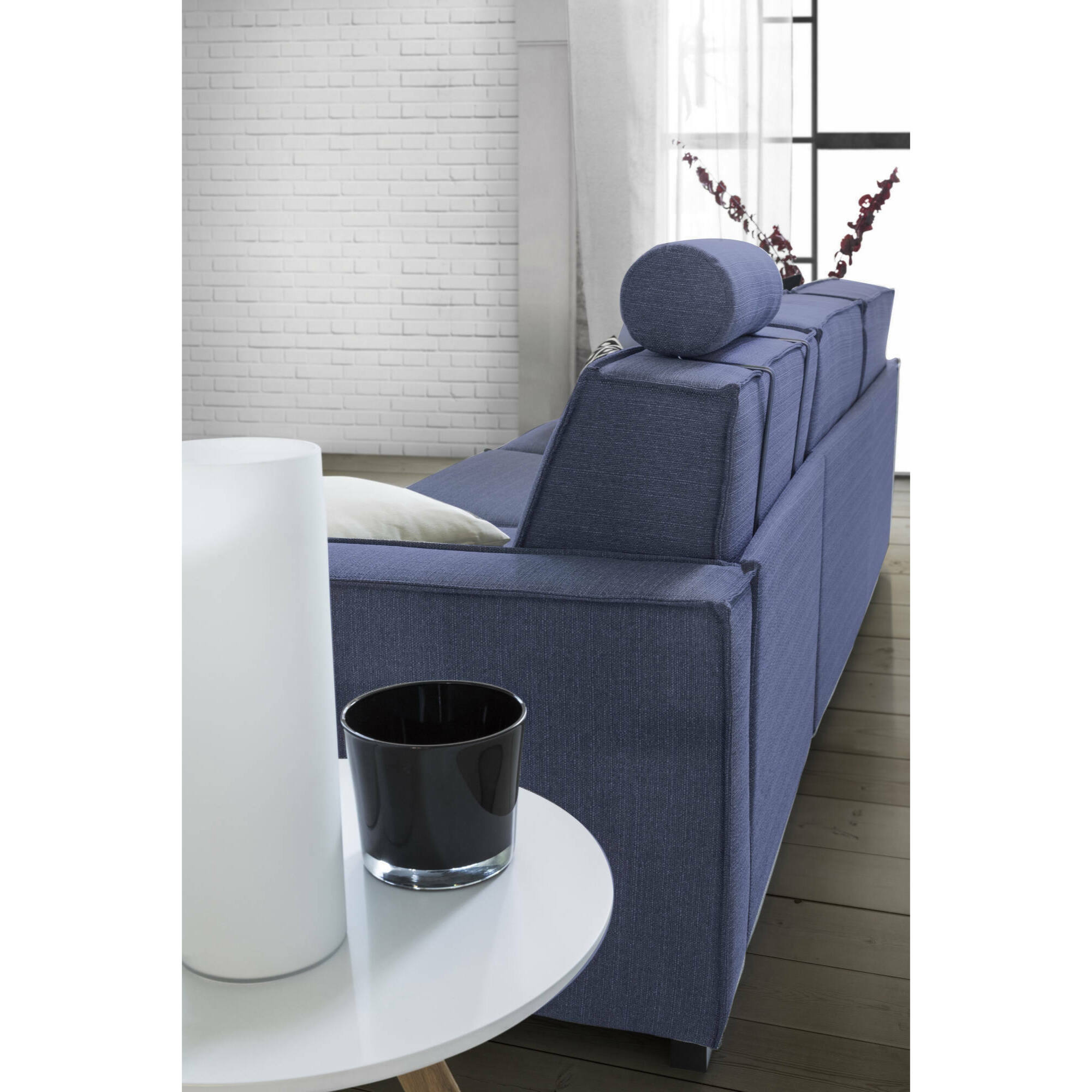 Divano letto con penisola Afar, Sofà con apertura girevole, Penisola contenitore Destra, Braccioli slim, 100% Made in Italy, Cm 260x95h90, Blu