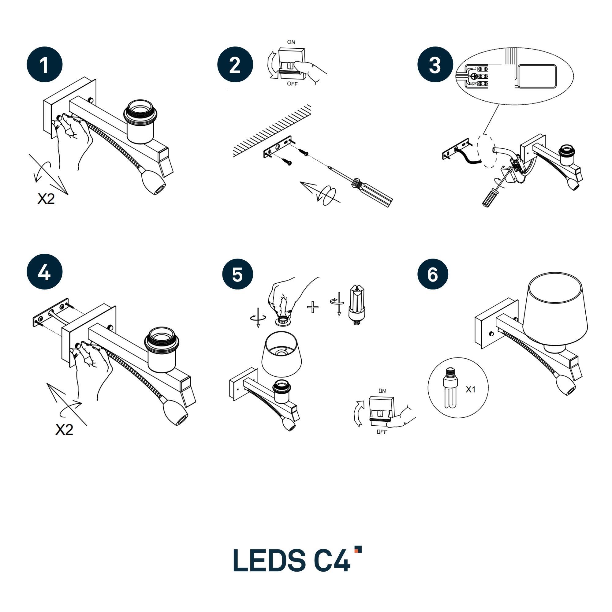LEDS C4 Aplique LED Torino E27 60W en níquel satinado, compatible con pantalla no incluida