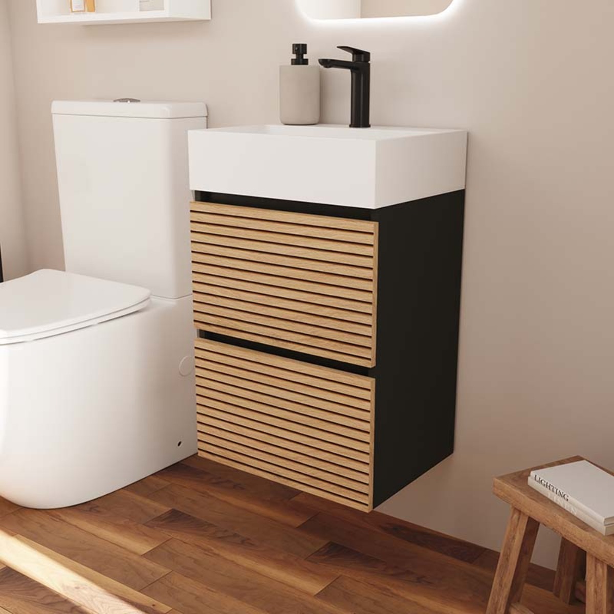 Meuble de Salle de Bain YINU | 45 cm Noir - Solomon | Fond 36 cm | Deux Tiroirs | Lavabo Encastre | N'inclut Pas Miroir | Meuble Monte | Alday