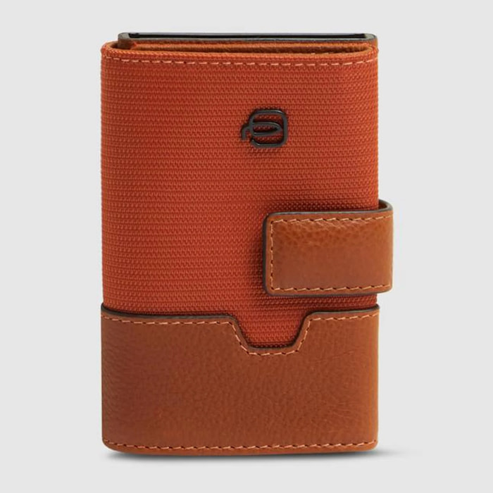 Piquadro Portacarte automatico in pelle e in tessuto riciclato, schermato con protezione RFID