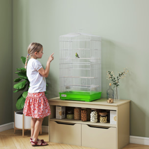 Jaula para Pájaros, Jaula de Metal para Pájaros con Puertas, 4 Comederos, 3 Perchas, Columpio, Bandeja Extraíble y Asa de Transporte, para Loro, Canario, Periquito, 46,5x35,5x92 cm, Verde