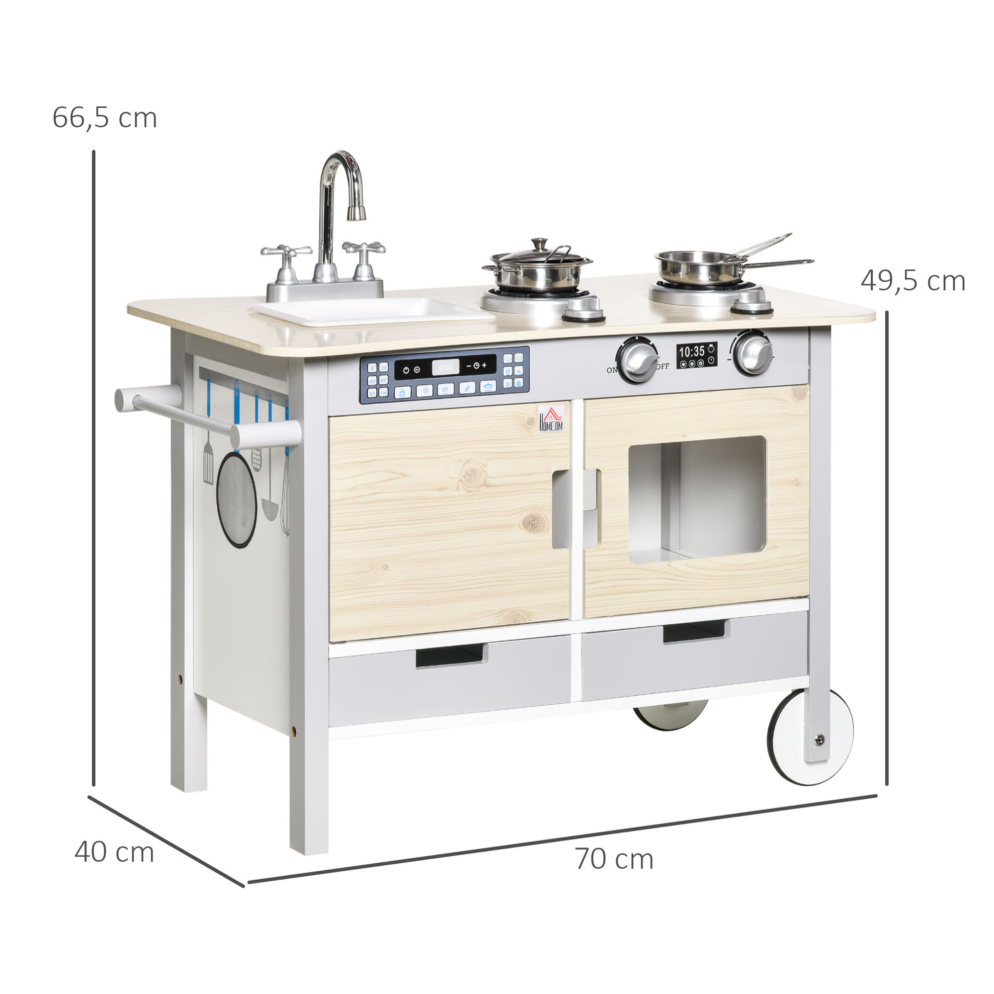 Cuisine desserte pour enfant 2 en 1 multi-équipement avec 5 accessoires acier inox. MDF aspect bois clair gris