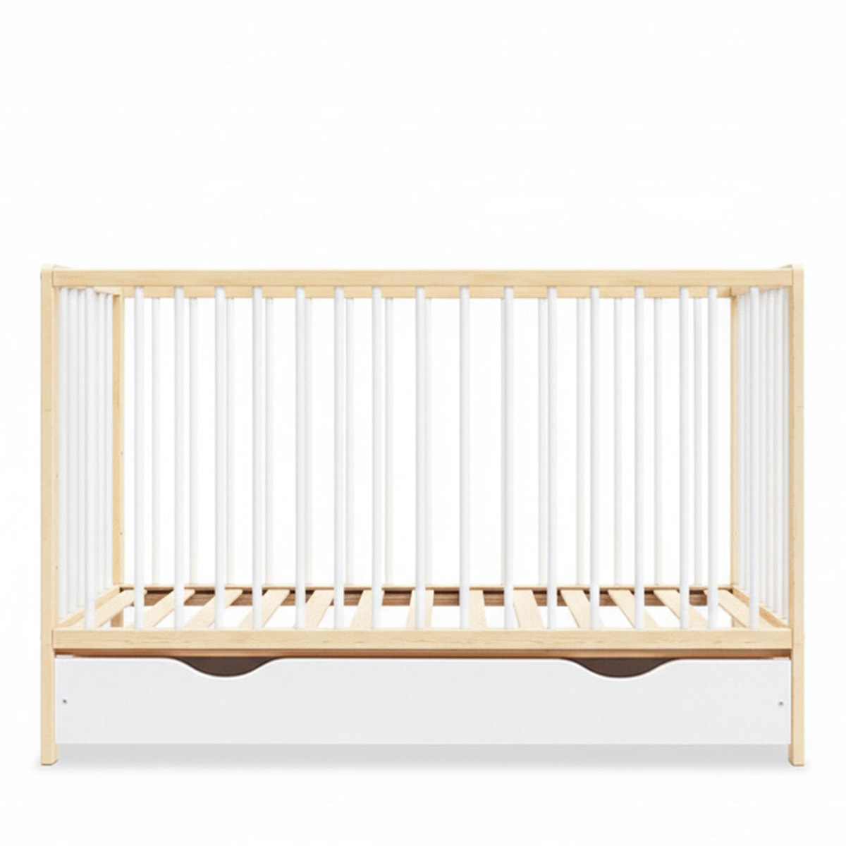 Lit Bébé Évolutif Mathis 60x120 cm, avec Tiroir de Rangement, Sommier Réglable 3 Hauteurs, Barreaux Amovibles, Couleur Bois Naturel et Blanc