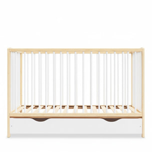 Lit Bébé Évolutif Mathis 60x120 cm, avec Tiroir de Rangement, Sommier Réglable 3 Hauteurs, Barreaux Amovibles, Couleur Bois Naturel et Blanc