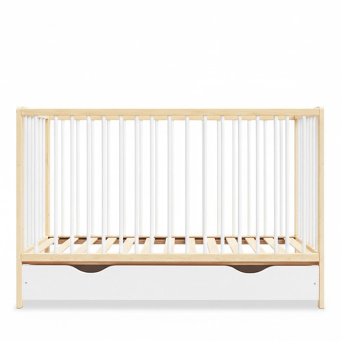 Lit Bébé Évolutif Mathis 60x120 cm, avec Tiroir de Rangement, Sommier Réglable 3 Hauteurs, Barreaux Amovibles, Couleur Bois Naturel et Blanc
