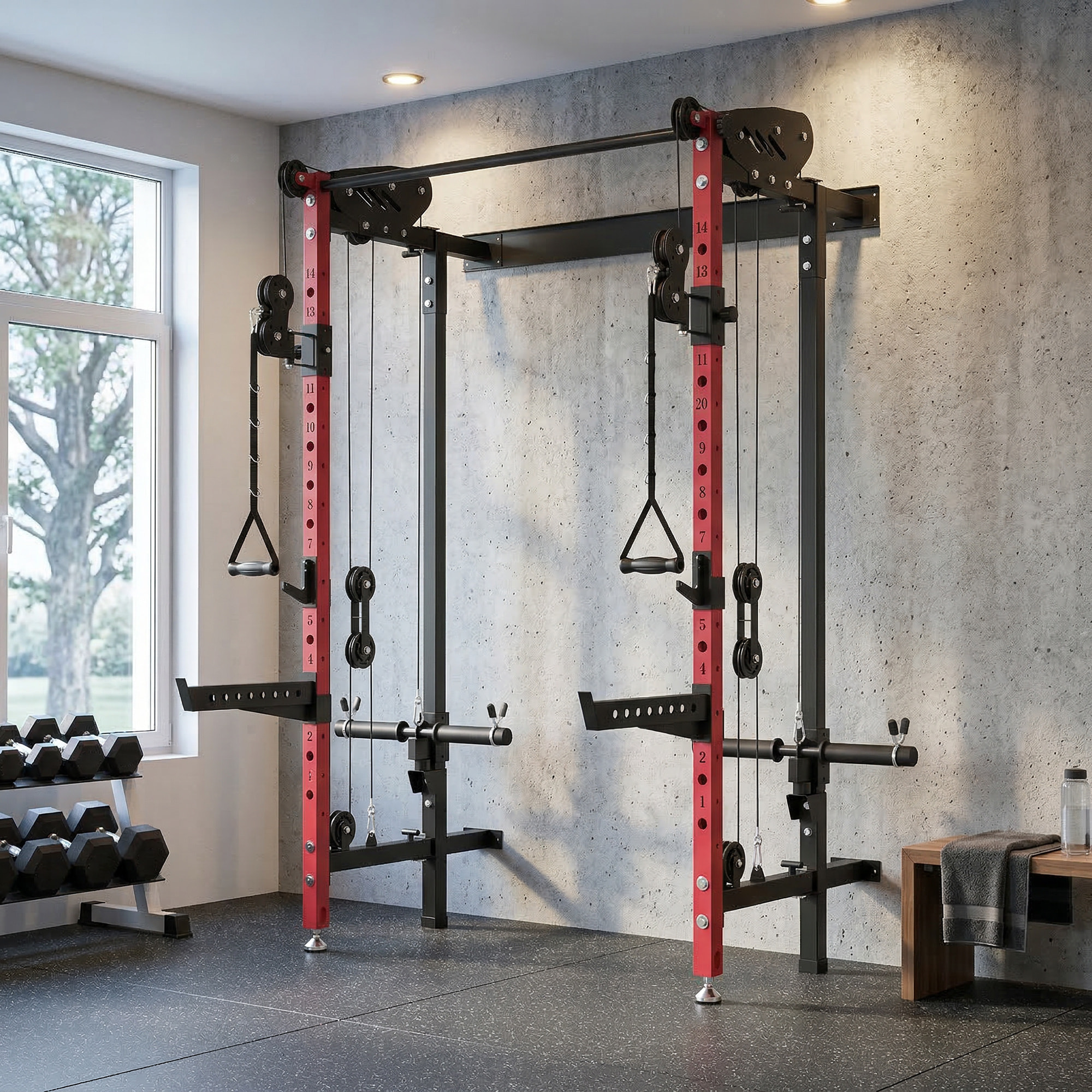 Station de musculation pliable - power rack  700kg double poulie réglable 14 niv. acier rouge noir