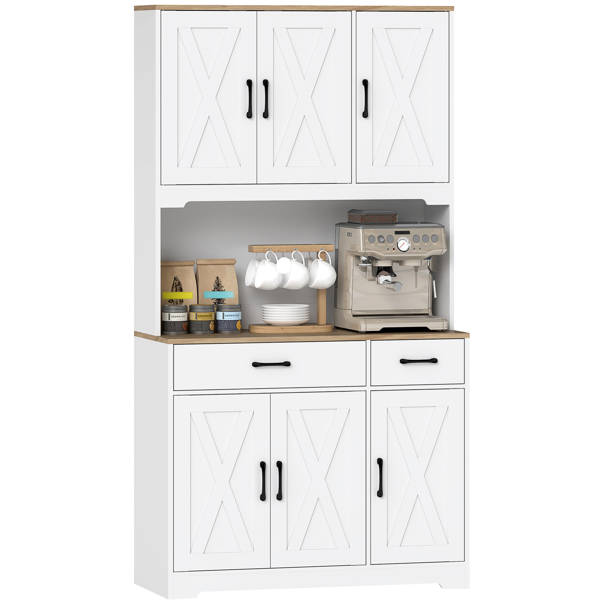 Alacena de Cocina Alta, Mueble Auxiliar de Cocina, con 6 Puertas, Encimera Abierta para Microondas, 2 Cajones, Estantes Ajustables, Orificio para Cable, 94x39,5x175,2 cm, Blanco