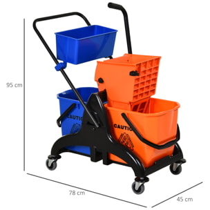 Chariot de lavage chariot de nettoyage professionnel presse à mâchoire 2 seaux + rangement orange bleu