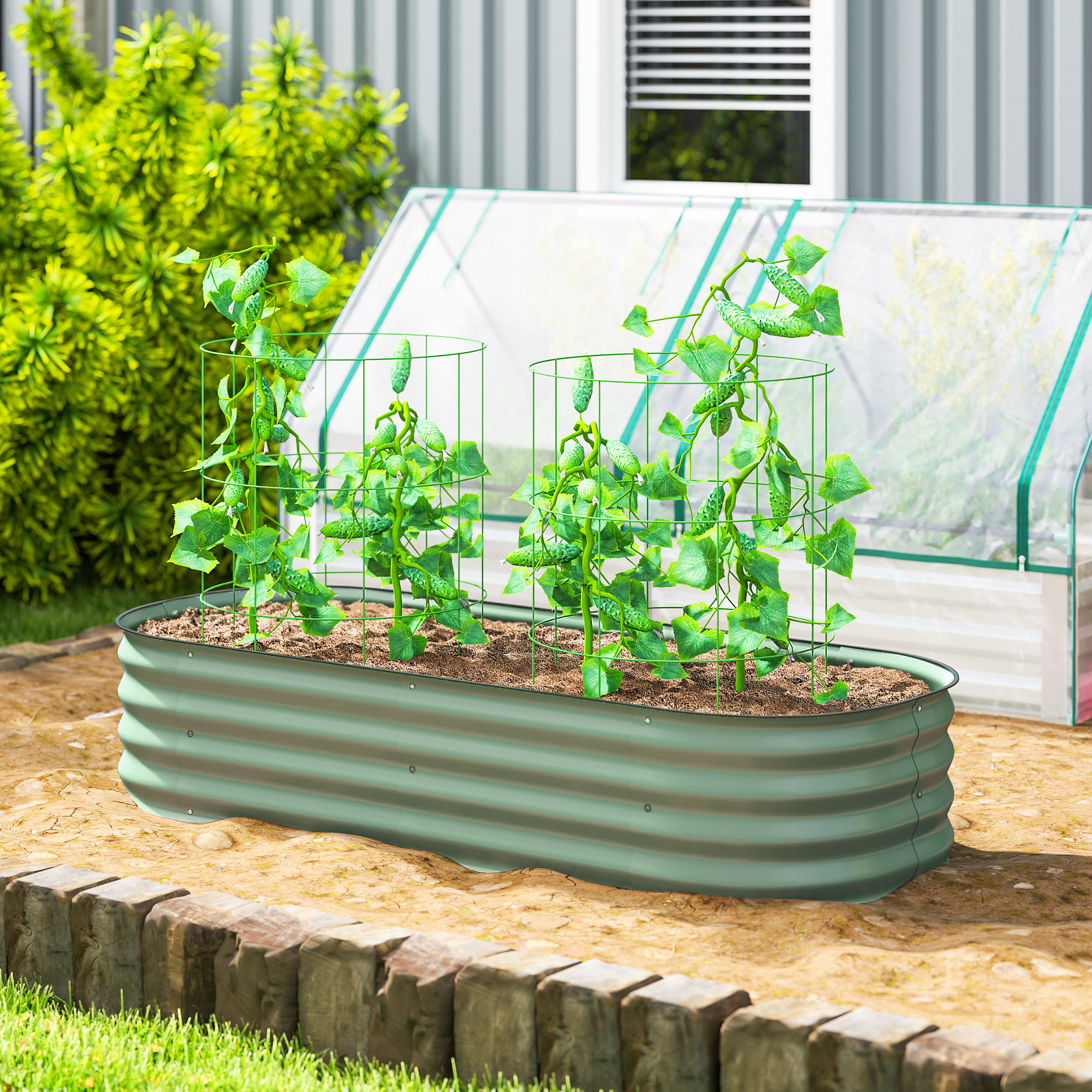 Jardinera Exterior Grande de Acero Galvanizado, Huerto Urbano para Cultivar Plantas, Macetero Exterior con Bordes de Seguridad, Fácil Montaje, Resistente a la Intemperie, 150x62x30 cm, Verde