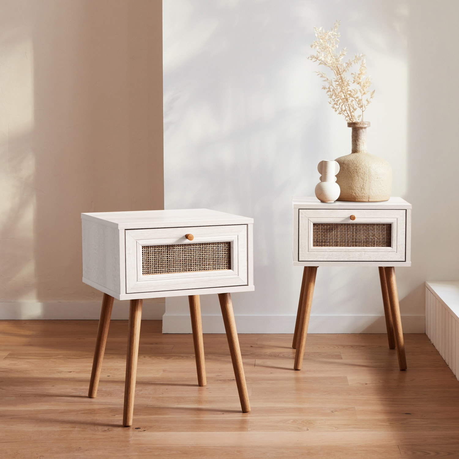 Table de chevet décor bois et cannage 1 tiroir (lot de 2) BOHÈME