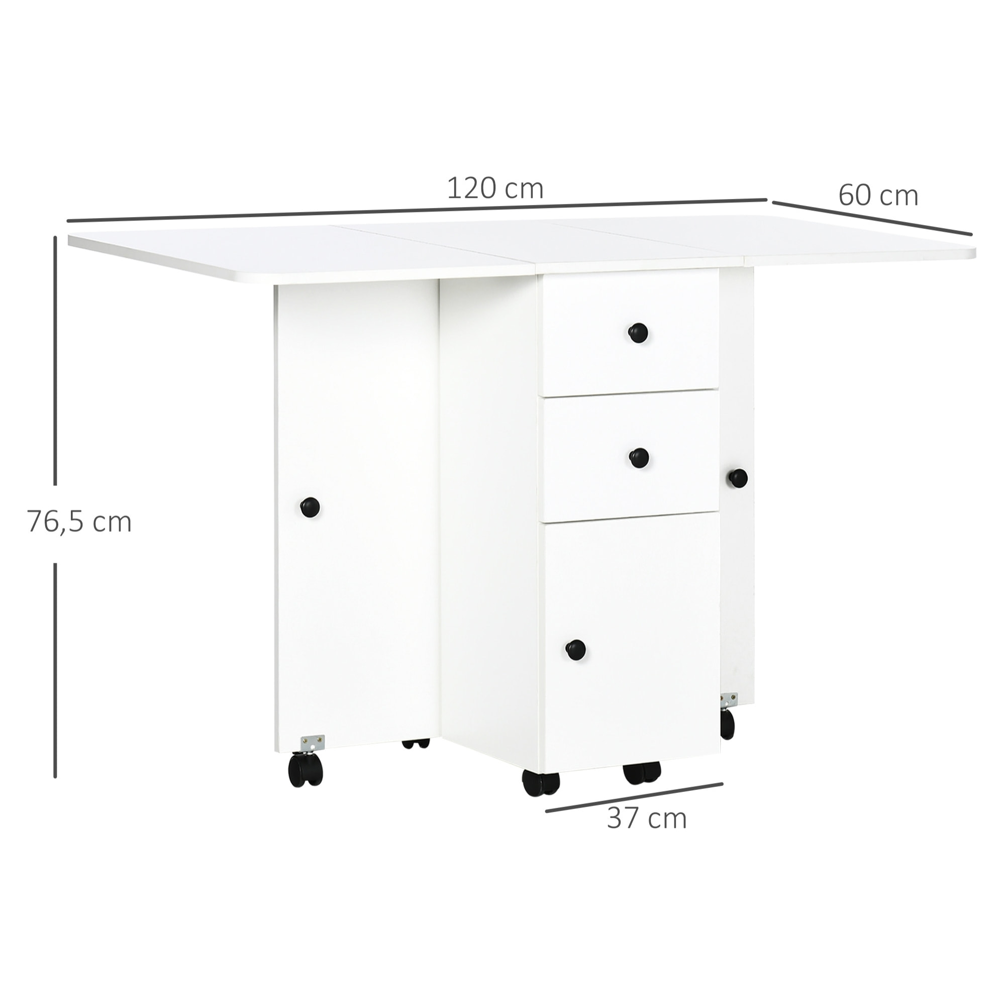 Table pliable de cuisine salle à manger - 2 tiroirs, placard, niche - panneaux aspect bois blanc