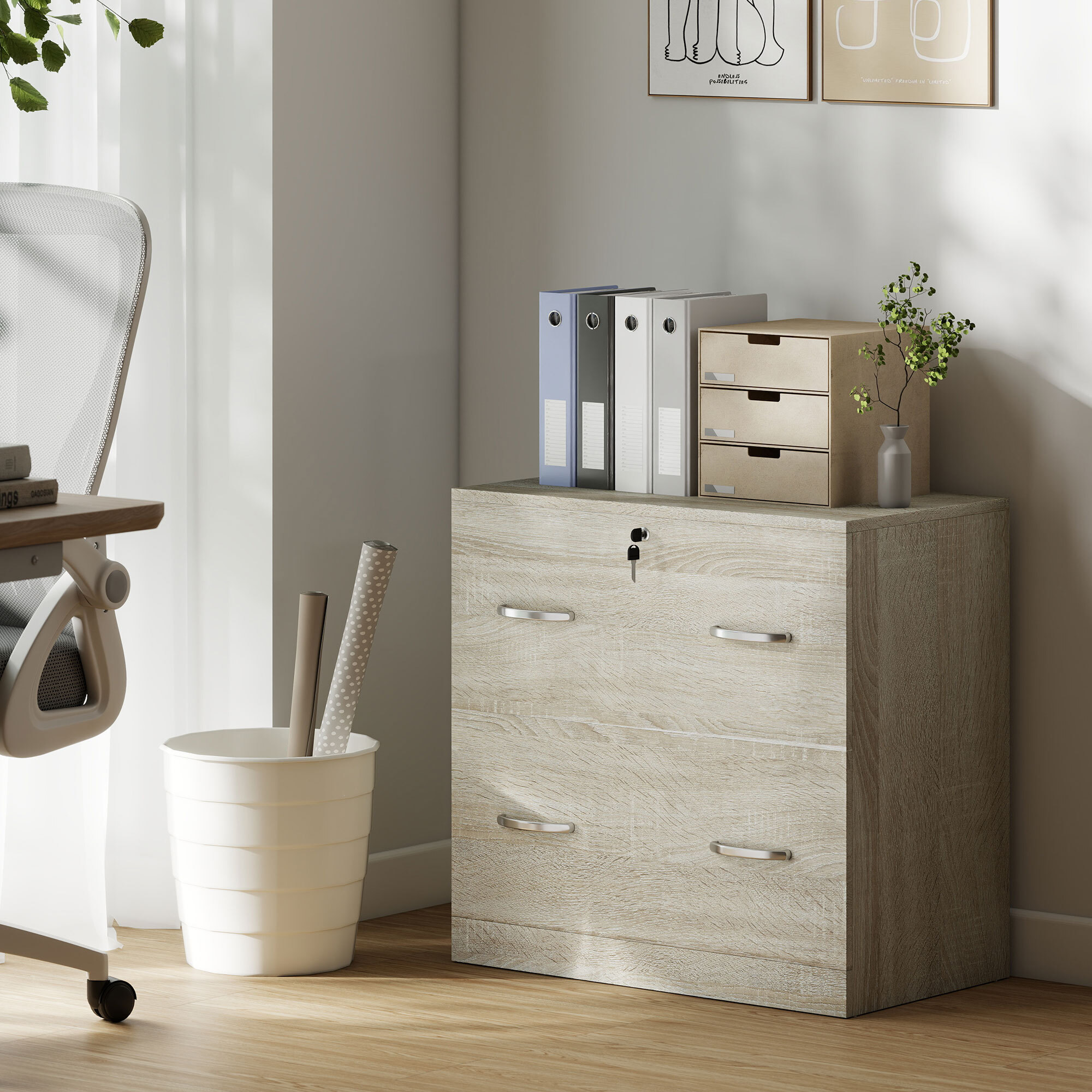 Cajonera de Escritorio con 2 Cajones Cajonera de Oficina con Guías para Carpetas Colgantes para A4 Cerradura y 2 Llaves para Estudio Salón 77x42x72 cm Natural