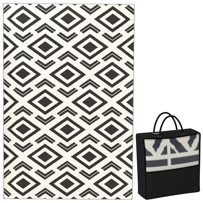 Alfombra de Exterior 182x274 cm Alfombra Reversible con Patrón Geométrico Impermeable Bolsa de Transporte para Terraza Balcón Patio Camping Playa Blanco y Negro