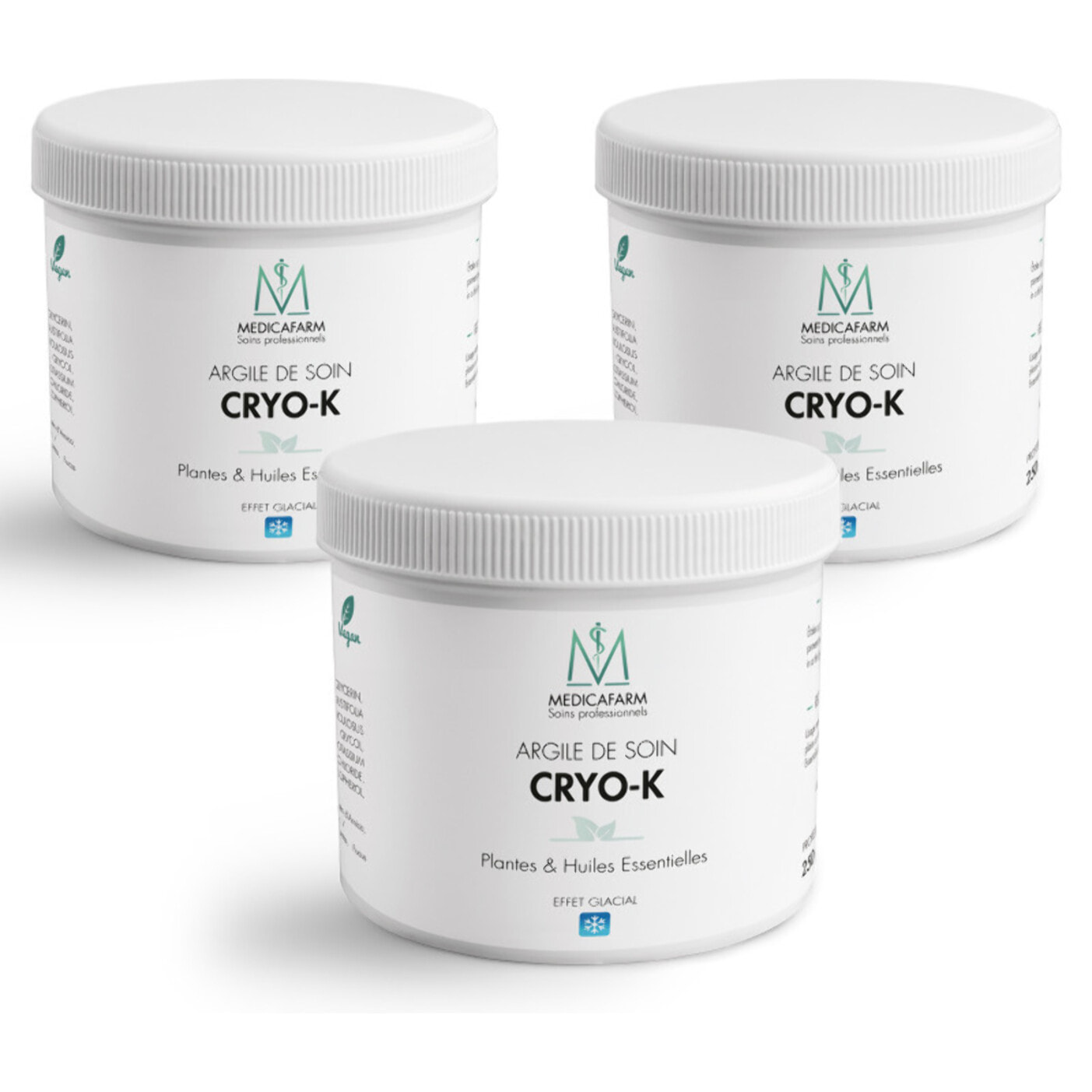 MEDICAFARM - Argile de soin CRYO-K - Aux plantes et huiles essentielles - Effet glacial - Aide à soulager les douleurs et améliorer confort circulatoire - Lot de 3 Pots de 250 g