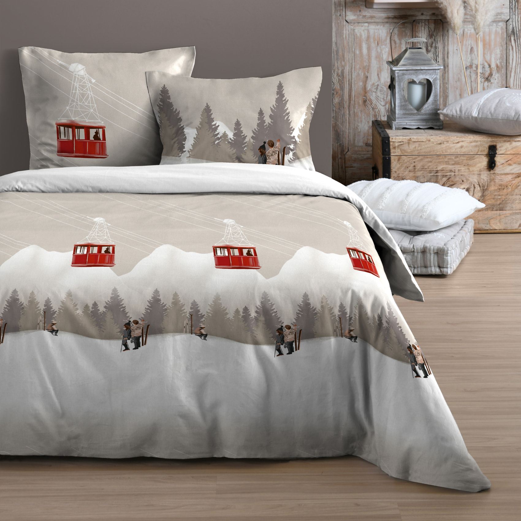 Parure de lit 3 pièces imprimée motif télécabines housse + taies - Naturel
