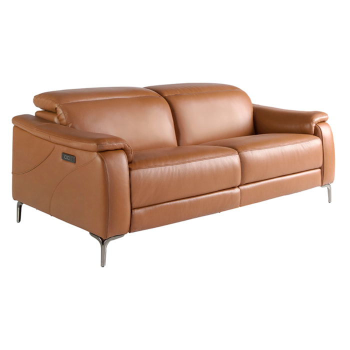 Sofá relax de 3 plazas tapizado en piel de origen vacuno en marrón con reposacabezas para patas de acero inoxidable cromado oscuro 2 sistemas de relax eléctrico 188x108x77cm