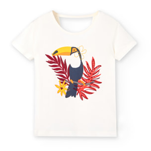 Camiseta niÃ±a, algodÃ³n, estampado, cuello redondo, blanco