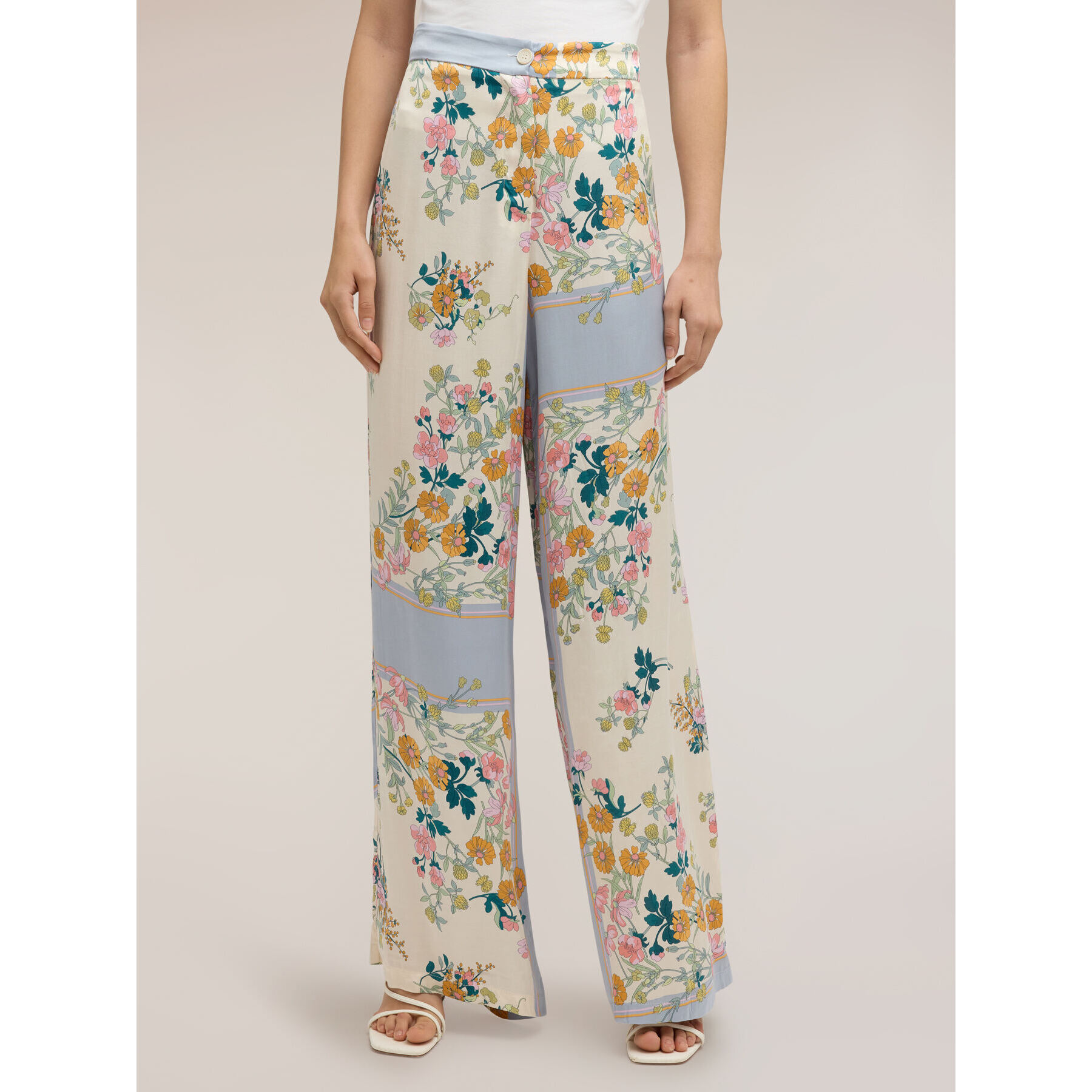 Motivi - Pantaloni palazzo in raso con stampa - Bianco