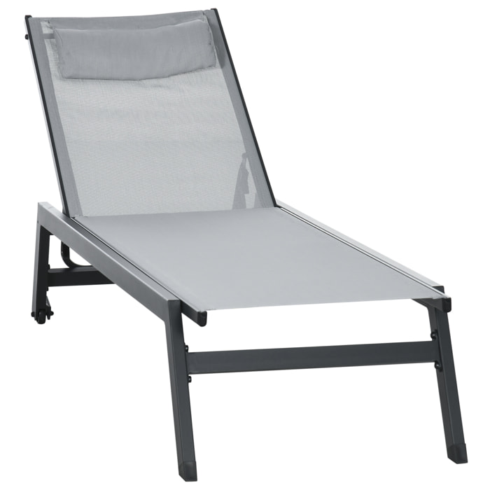 Bain de soleil transat inclinable 5 positions - tétière, 2 roulettes - alu. textilène gris