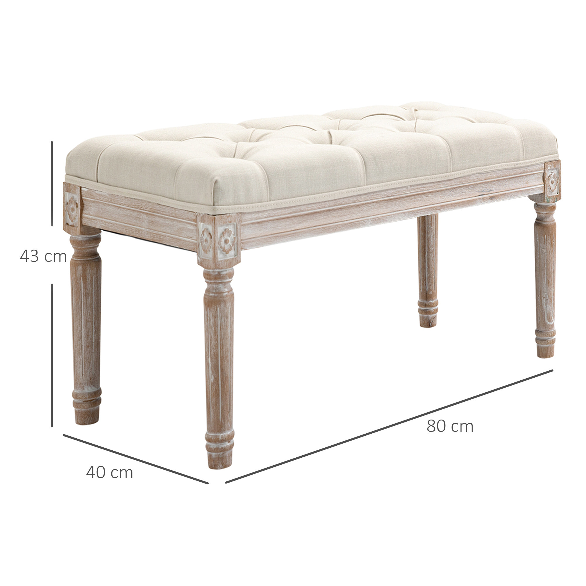 Taburete para Pie de Cama Tapizado en Tela con Asiento Acolchado y Patas de Madera Banqueta de Estilo Vintage para Dormitorio Recibidor Salón 80x40x43 cm Beige