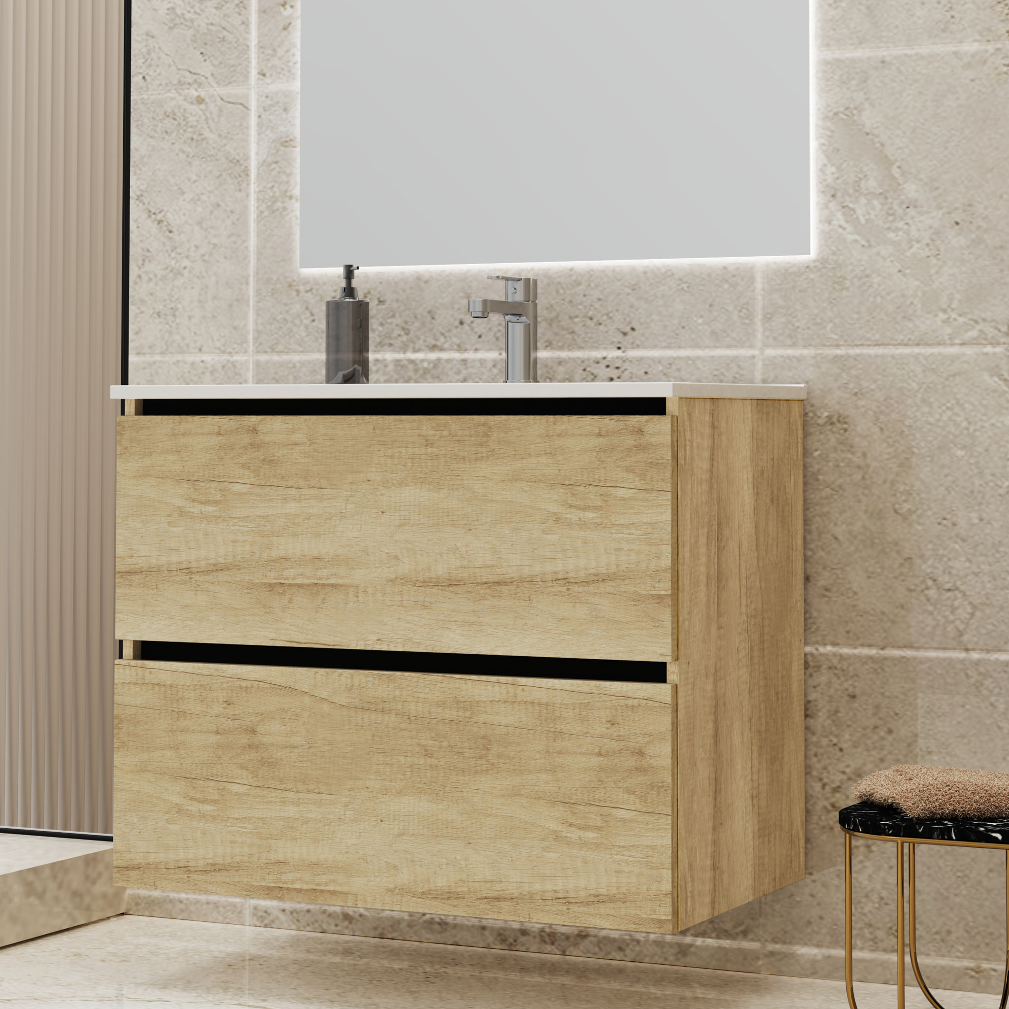 CONJUNTO DE BAÑO GLOOM | MUEBLE DE BAÑO SUSPENDIDO | 80 CM NATURE| DOS CAJONES | LAVABO ENCASTRADO | MUEBLE MONTADO | ALDAY