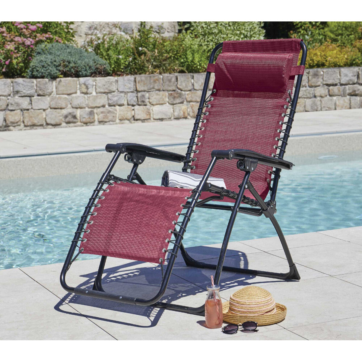 Lot de 2 fauteuils relax en acier - pliant - bordeaux - PALAVAS
