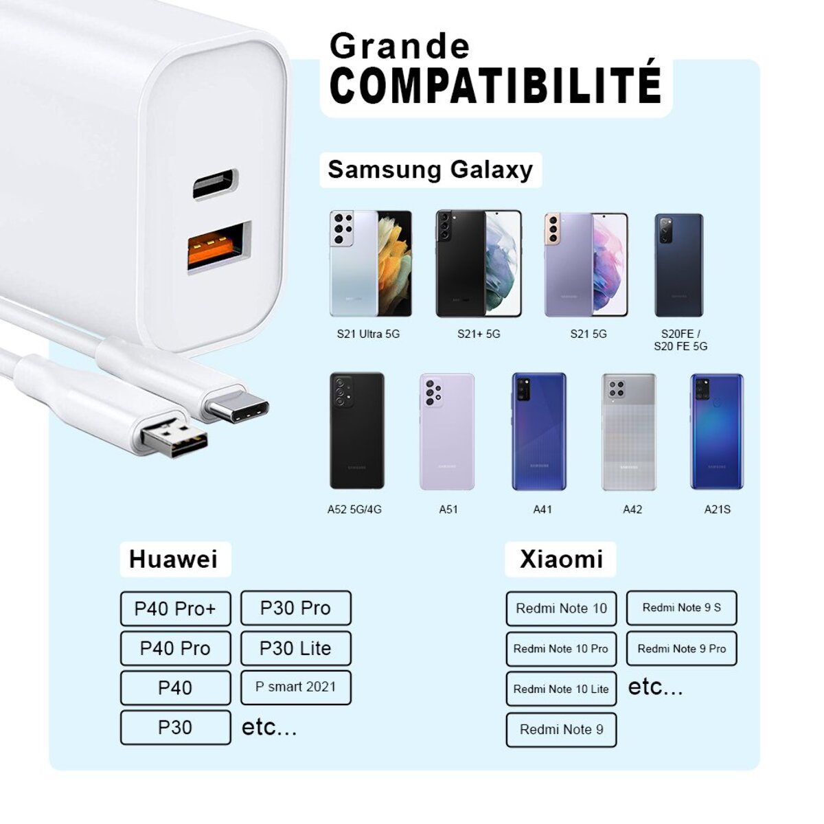 Chargeur Samsung Galaxy A21S ultra rapide Double Port 20 W fourni avec Cable USB-C