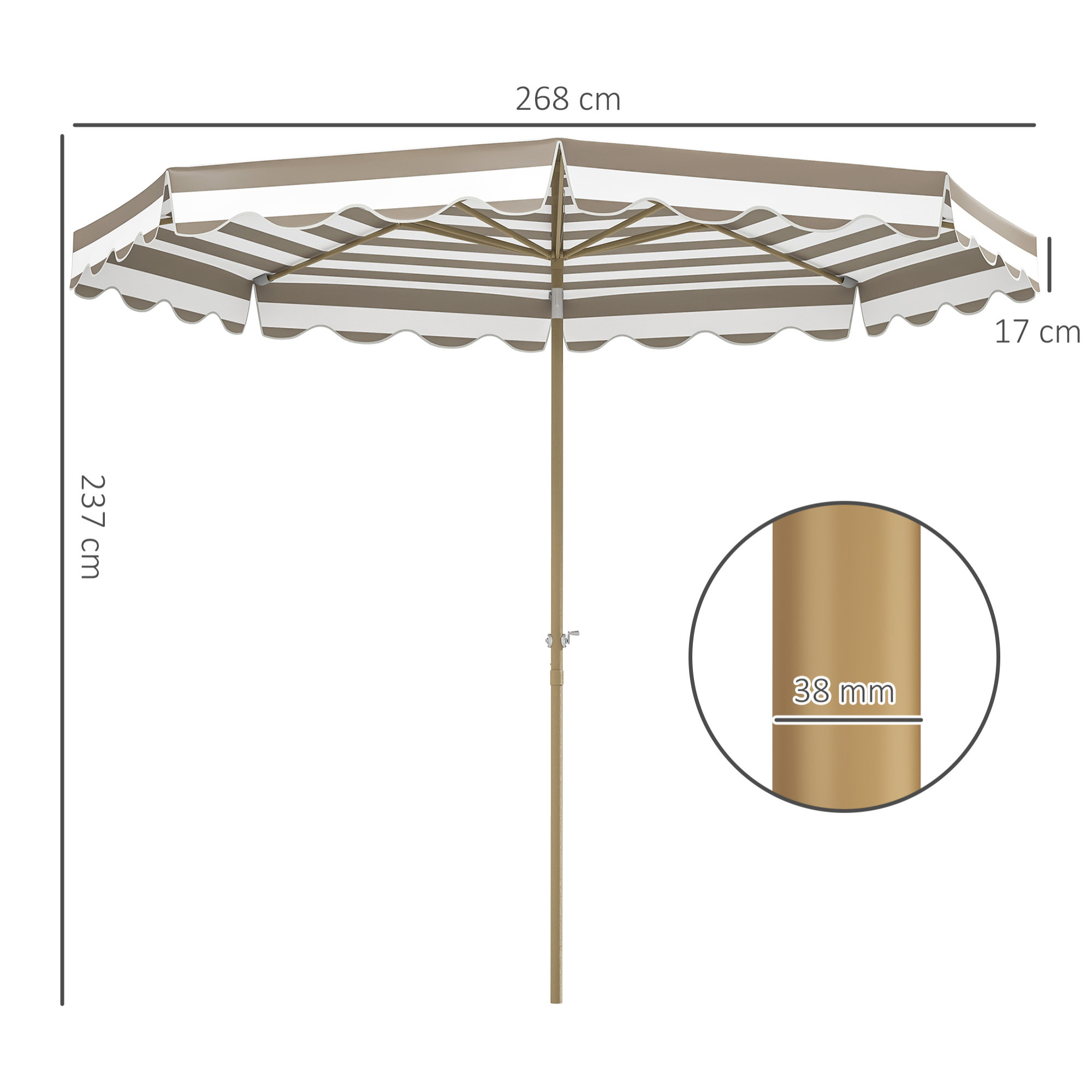 Sombrilla Terraza Exterior Ø268 cm Sombrilla de Jardín con Ángulo Inclinable y Manivela Protección UV 50+ Parasol para Patio Terraza Gris y Blanco