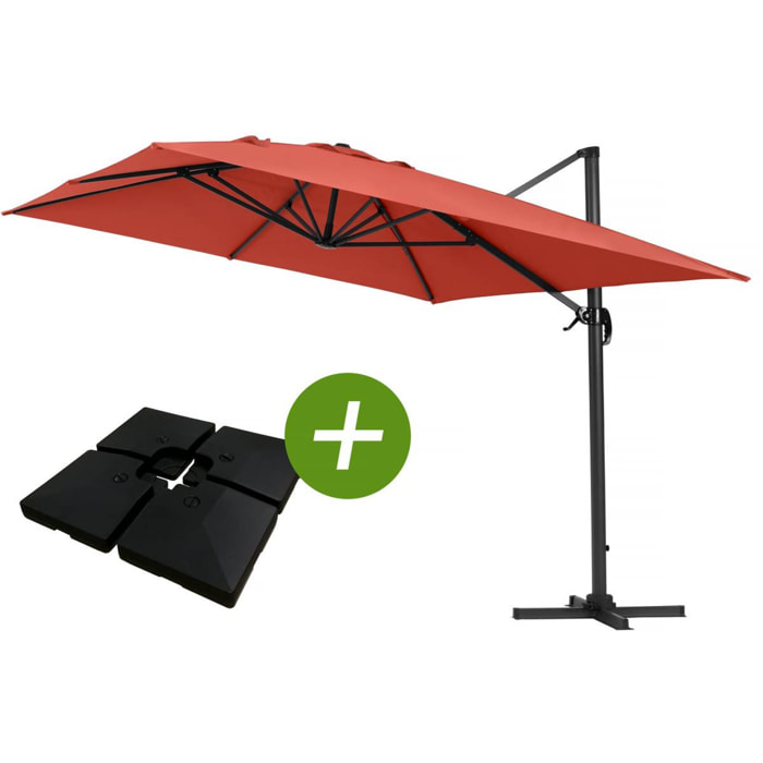 Parasol jardin déporté Alu "Sun 4 " - Rectangle - 3 x 4 m - Rouge - Dalles à lester incluses