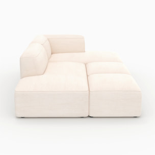 Canapé modulable en velours côtelé blanc 4 places avec 2 poufs - Mina