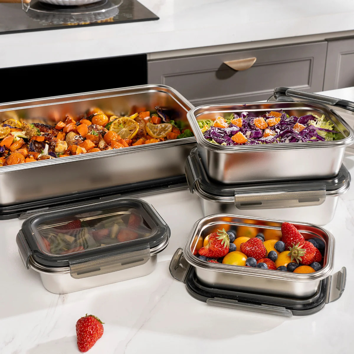 Lot de 5 boîtes rectangulaires en inox (650, 1300, 5000 ml)