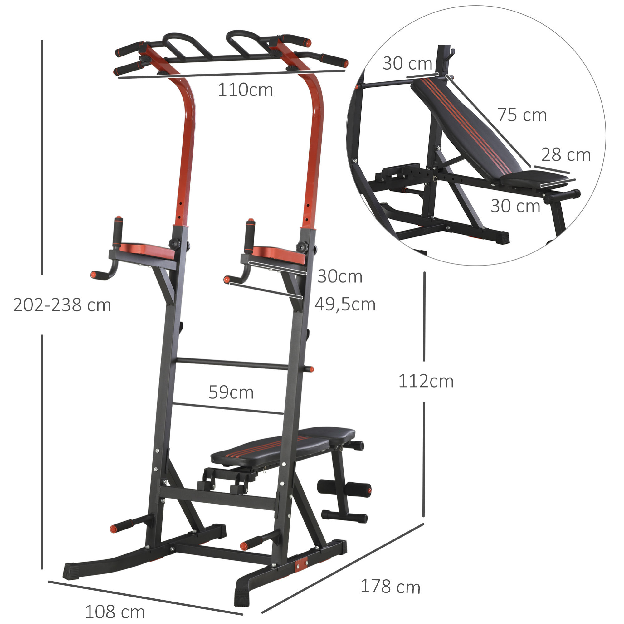 Estación de Musculación Torre de Entrenamiento con Altura Ajustable y Respaldo Regulable en 5 Posiciones Barra de Dominadas Fitness Flexiones Acero 108x178x202-238 cm Negro