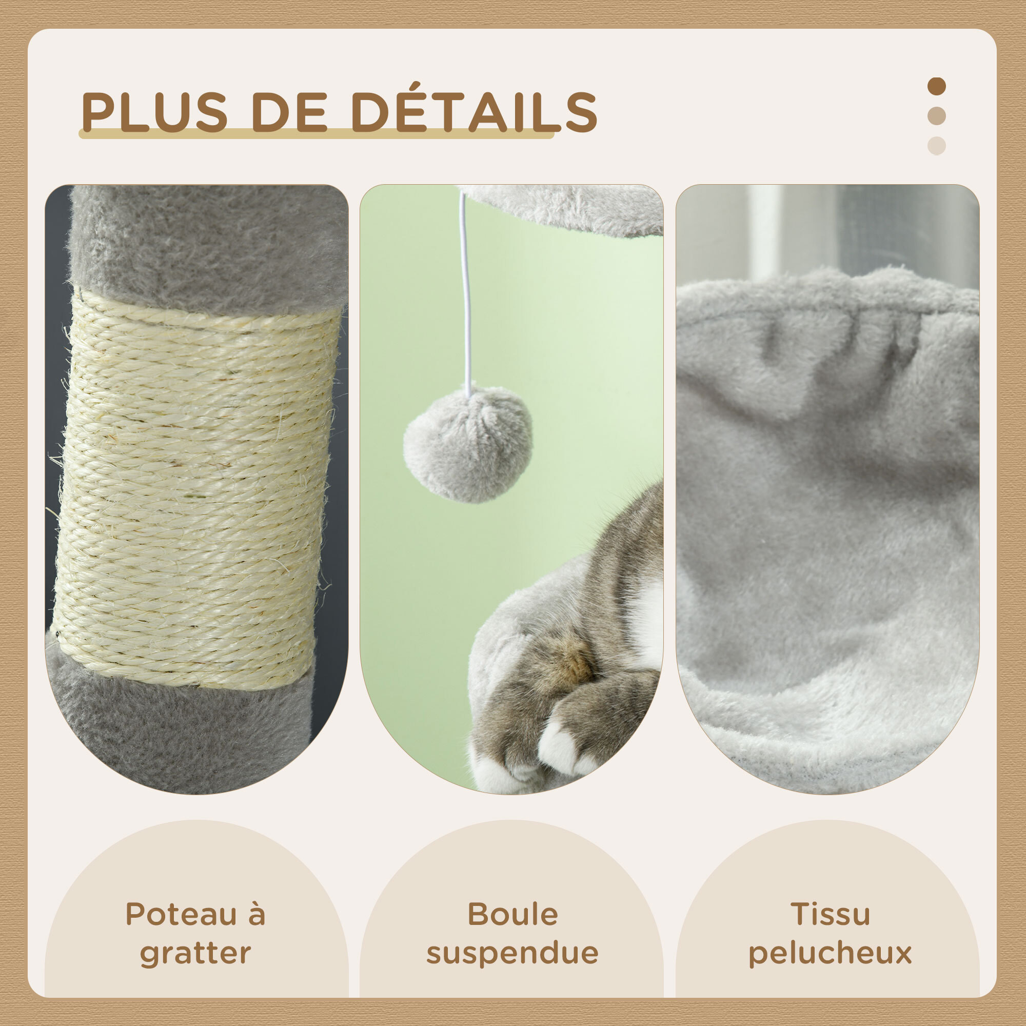 Arbre à chat griffoirs sisal naturel niche plateformes panier hamac jeux boules suspendues peluche gris