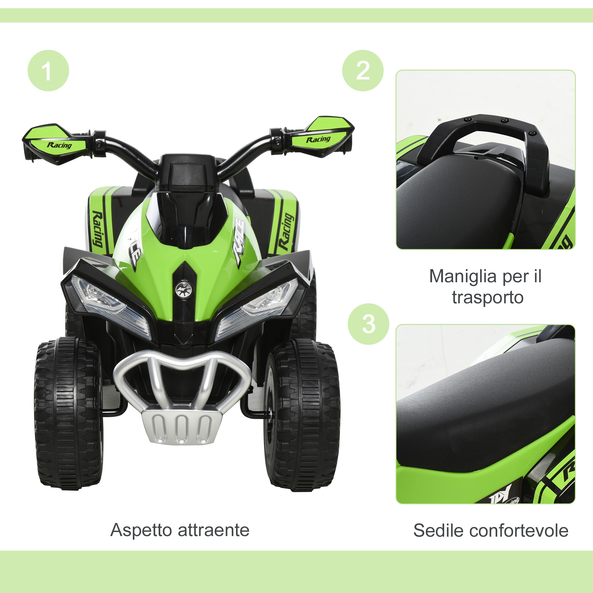 HOMCOM Quad per Bambini 18-36 Mesi a Spinta Manuale con Suoi Integrati, in PP e Metallo, 44x67.5x38 cm, Verde