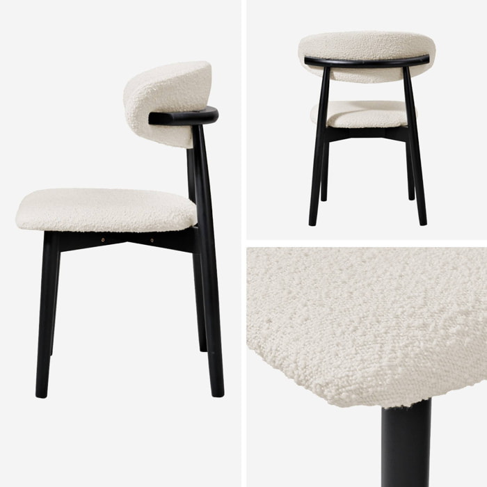 Lot de 2 chaises en bois d'hévéa noir et tissu bouclette blanc crème