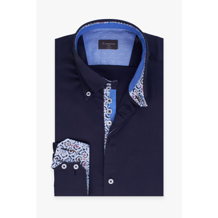 Camicia Uomo 2 Bottoni Button Down Slim Satin Unito Blu