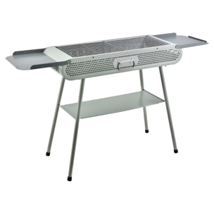 Barbacoa portátil de carbón K-701 con diseño plegable, asa de transporte, ventilación optimizada y amplias bandejas de almacenamiento integradas.
