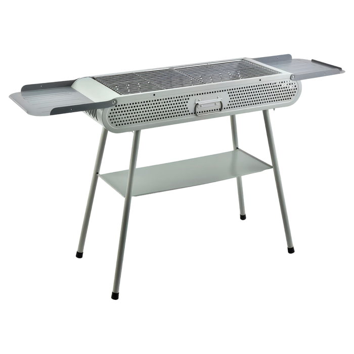 Barbacoa portátil de carbón K-701 con diseño plegable, asa de transporte, ventilación optimizada y amplias bandejas de almacenamiento integradas.