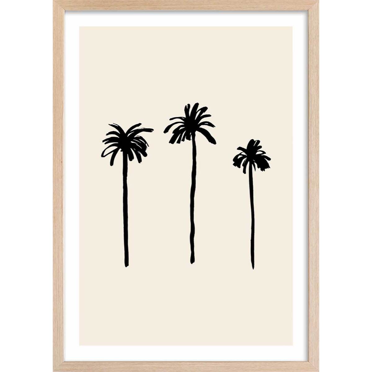 Affiche deco three black palm tree Affiche + cadre en bois - Chêne