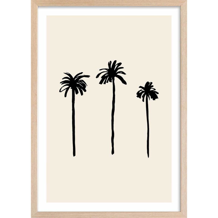 Affiche deco three black palm tree Affiche + cadre en bois - Chêne