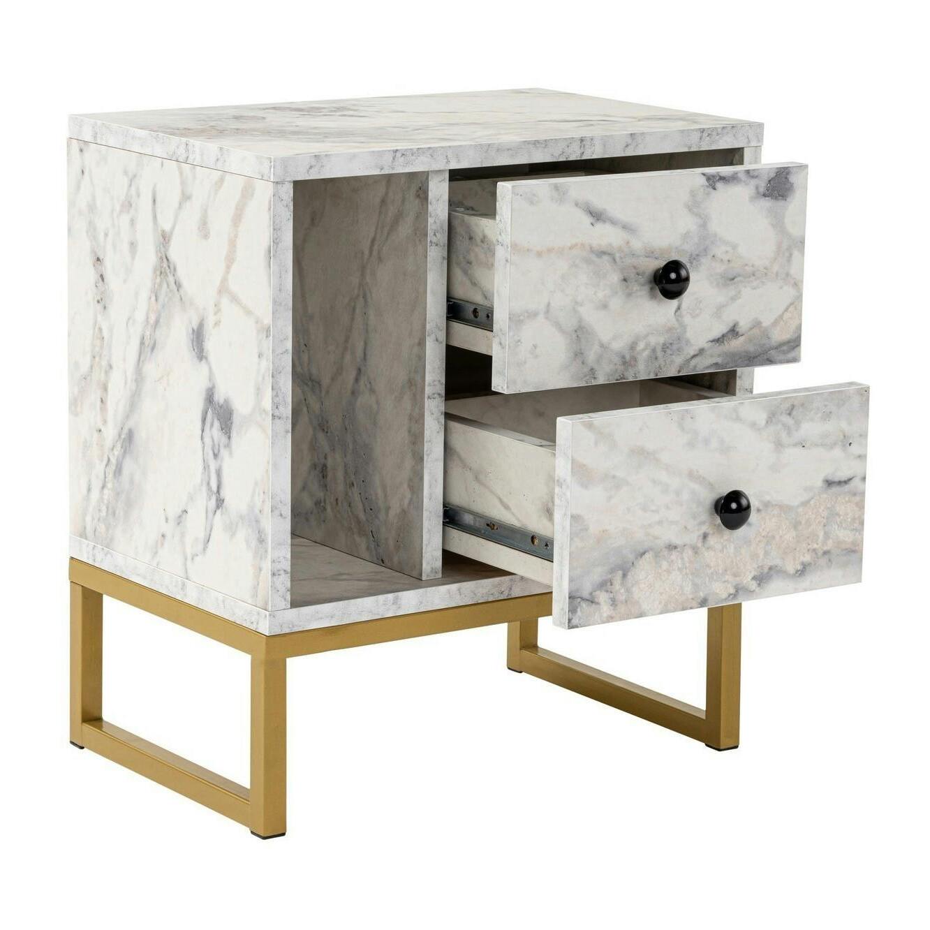 Table de nuit 2 tiroirs - effet marbre, pieds dorés JENA