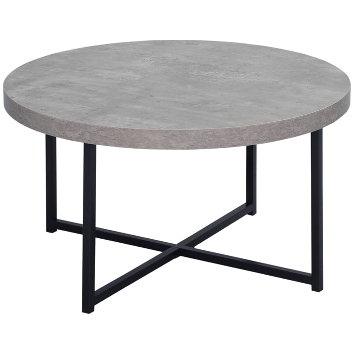 Table basse ronde design dim. Ø 80 x 45H cm piètement croisé métal noir plateau MDF effet béton ciré