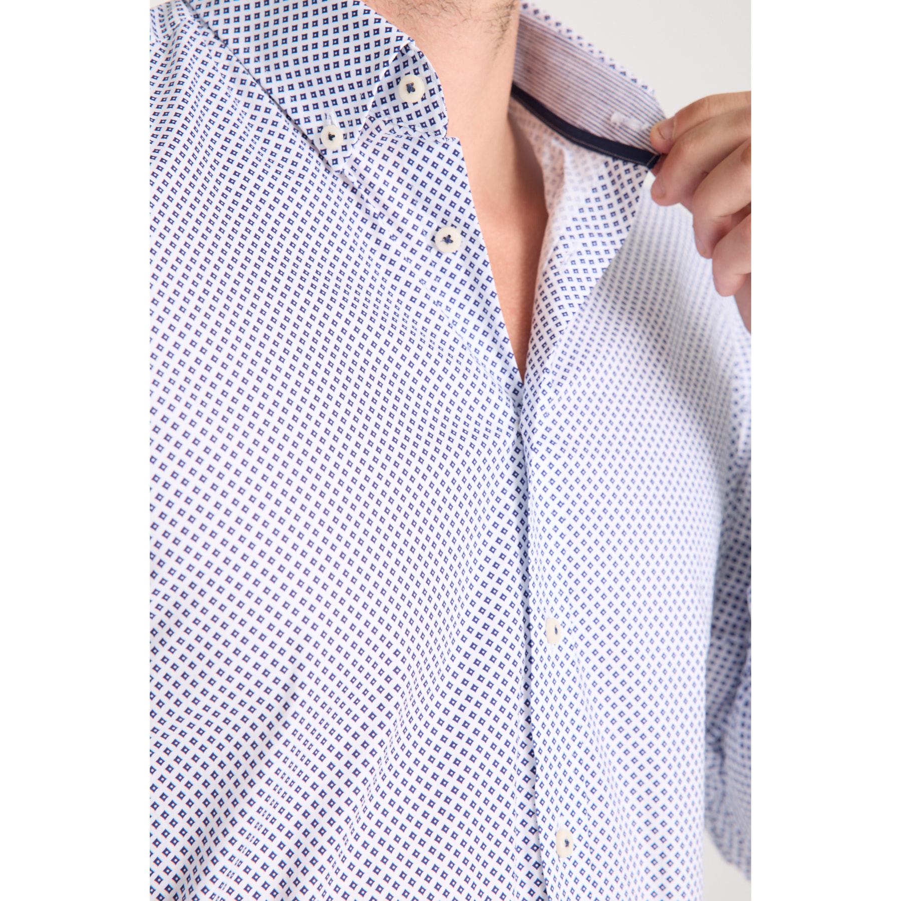 camicia uomo 1 bottone button down slim Popeline Stretch Stampato Bianco e Blu