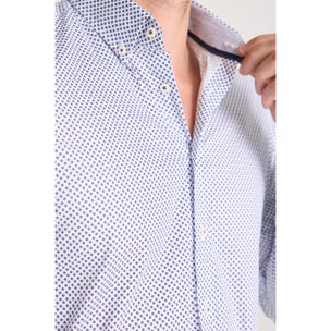 camicia uomo 1 bottone button down slim Popeline Stretch Stampato Bianco e Blu